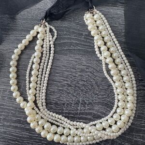 Elegant Faux Pearl Necklace with Black Ribbon